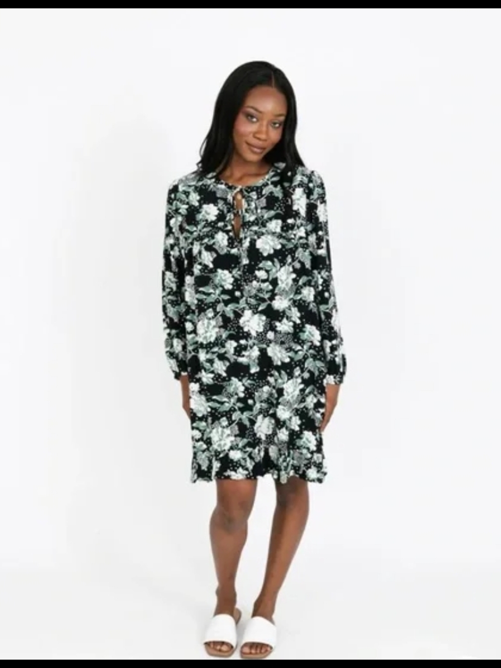 Smash + Tess Black Floral Tie-Neck Dress with Mint and White Leaves